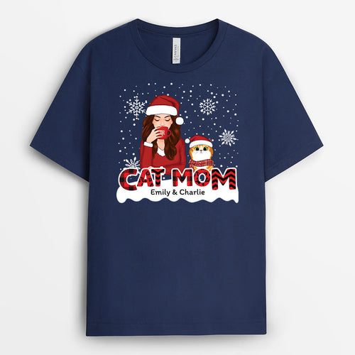 Cat Mom Red Patterned - Customized Christmas Themed T Shirts for Cat Lovers