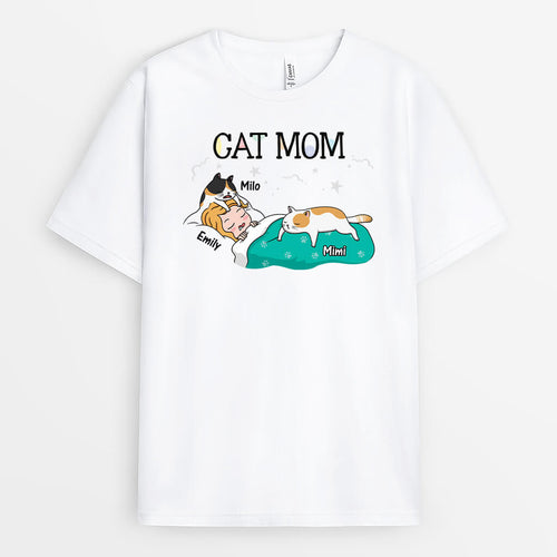 Cat Mom Sleeping Cute T-shirt - Personalized Gifts For Cat Lovers
